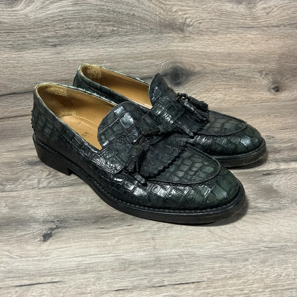 Jo Ghost Mens Green Leather‎ Loafers Size 41  Crocodile Print Square Dress Shoes